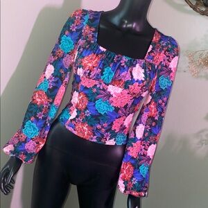SO Multicolor Floral Puff Longsleeve Blouse Top